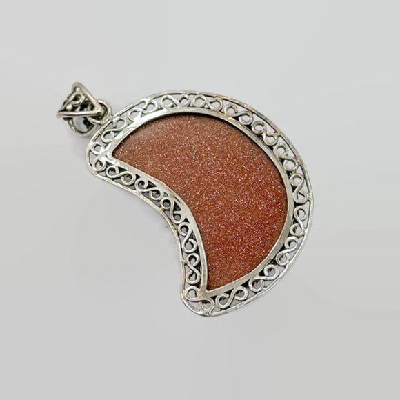 Moon Pendant, Goldstone Pendant, Sterling Silver, Crescent Moon, 2 1/3" Long - Picture 5 of 5